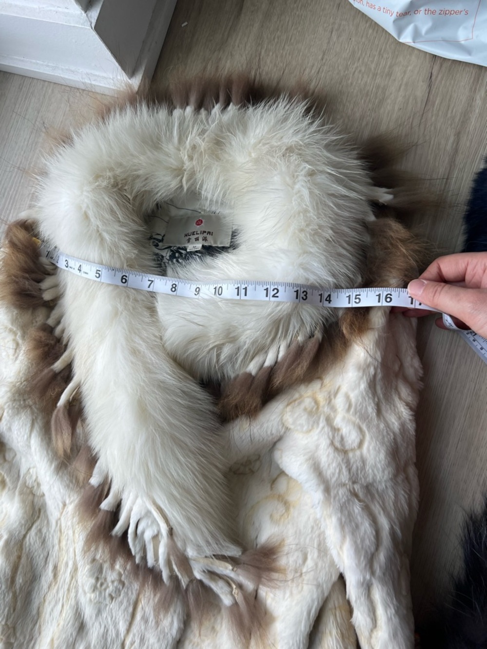 Vintage Cream White Real Rabbit Fur Jacket w Fox Fur Collar & Cuffs M Floral Y2K - Picture 10 of 11